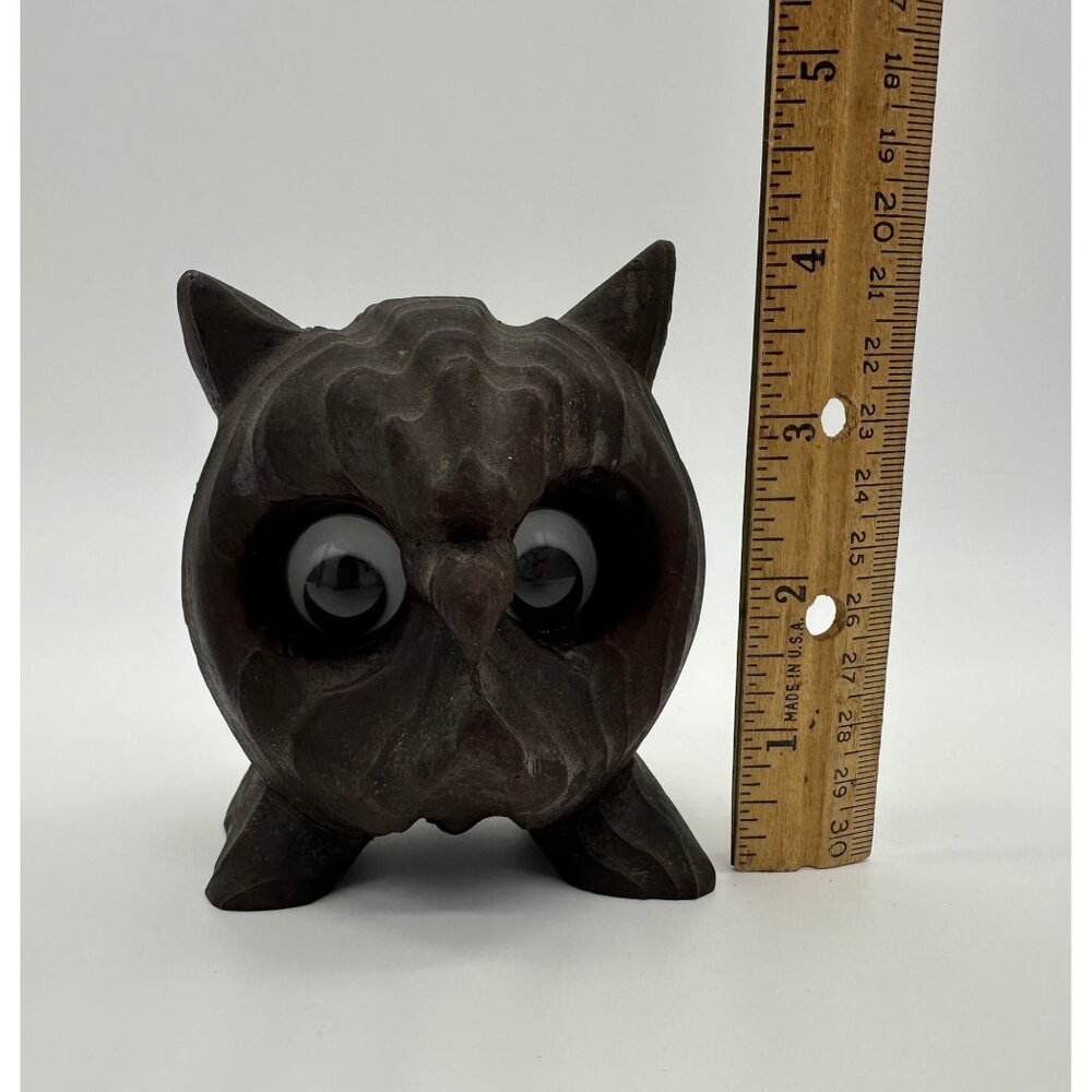 Vintage Owl Figurine Carved Wood Googly Eyes Mid Century Modern Kitsch Horned - Picture 9 of 9